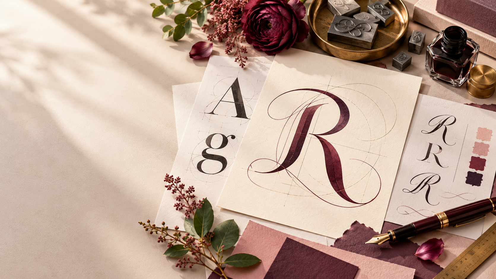 Katherine Magpie Design — Calligraphy sketches of the letter R on paper, surrounded by a fountain pen, ink, and floral accents. — Web design tips for romance authors