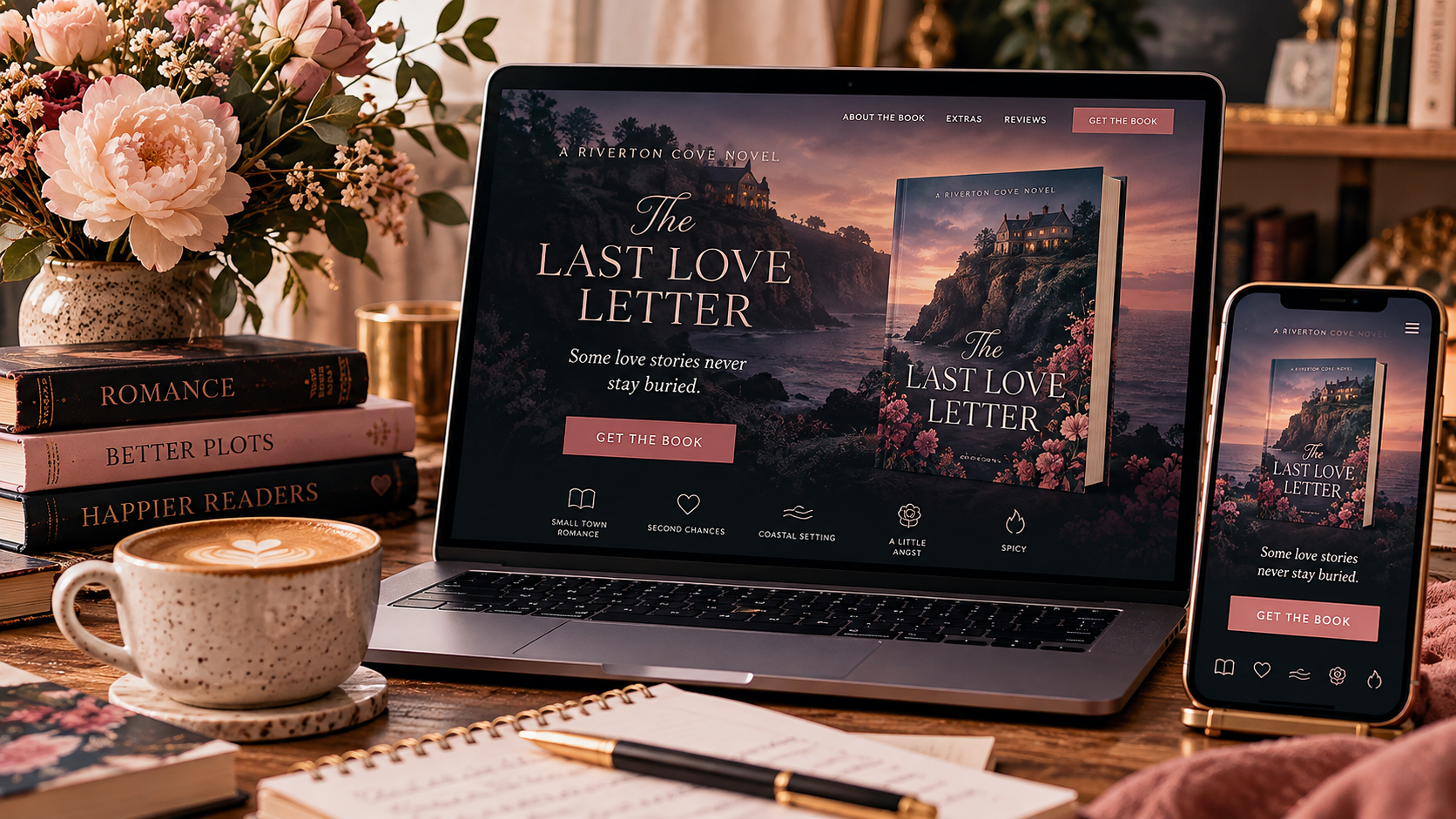 Katherine Magpie Design — A cozy desk with a laptop and phone displaying “The Last Love Letter” book cover, stacks of romance books, flowers in a vase, a latte with heart art, and a notebook with a pen—thoughtfully arranged to evoke the warmth and clarity of effective landing page design. — Web design tips for romance authors