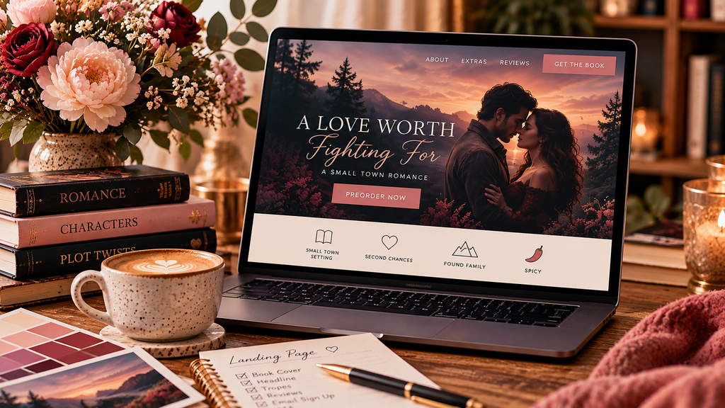 Katherine Magpie Design — A laptop displays a romance book website, showcasing a couple embracing at sunset. The desk is adorned with books, flowers, candles, and a notepad featuring an “effective landing page design” checklist. Warm, cozy atmosphere. — Web design tips for romance authors