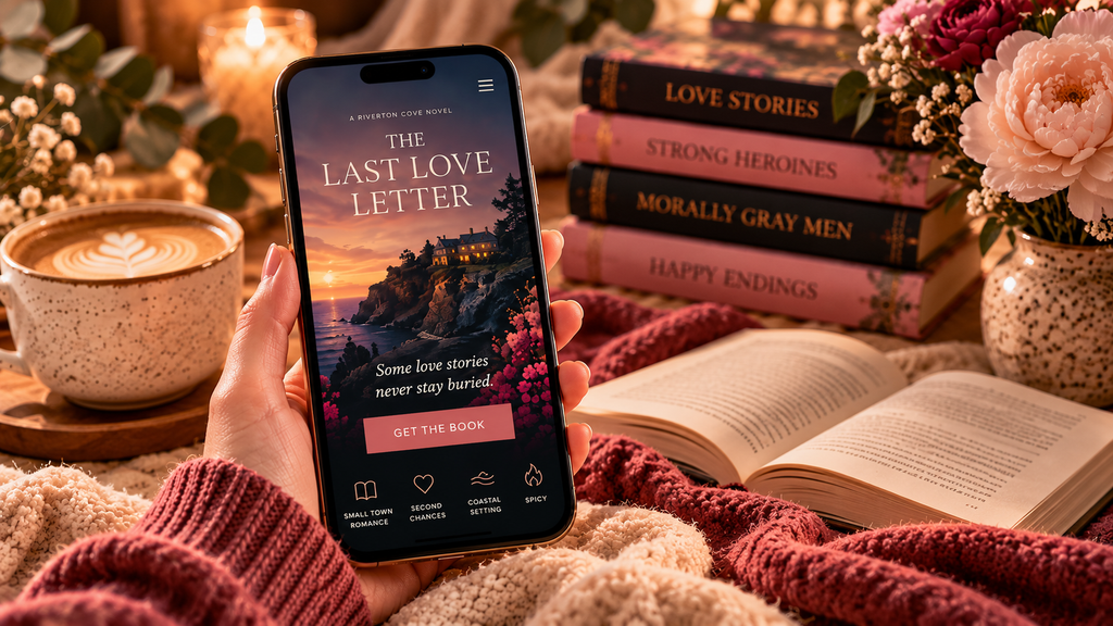 Katherine Magpie Design — A hand holds a phone showing “The Last Love Letter” book ad, displayed with effective landing page design. In the background are flowers, a coffee, an open book, and stacked novels labeled “Love Stories,” “Strong Heroines,” and “Happy Endings.” Cozy, warm ambiance. — Web design tips for romance authors