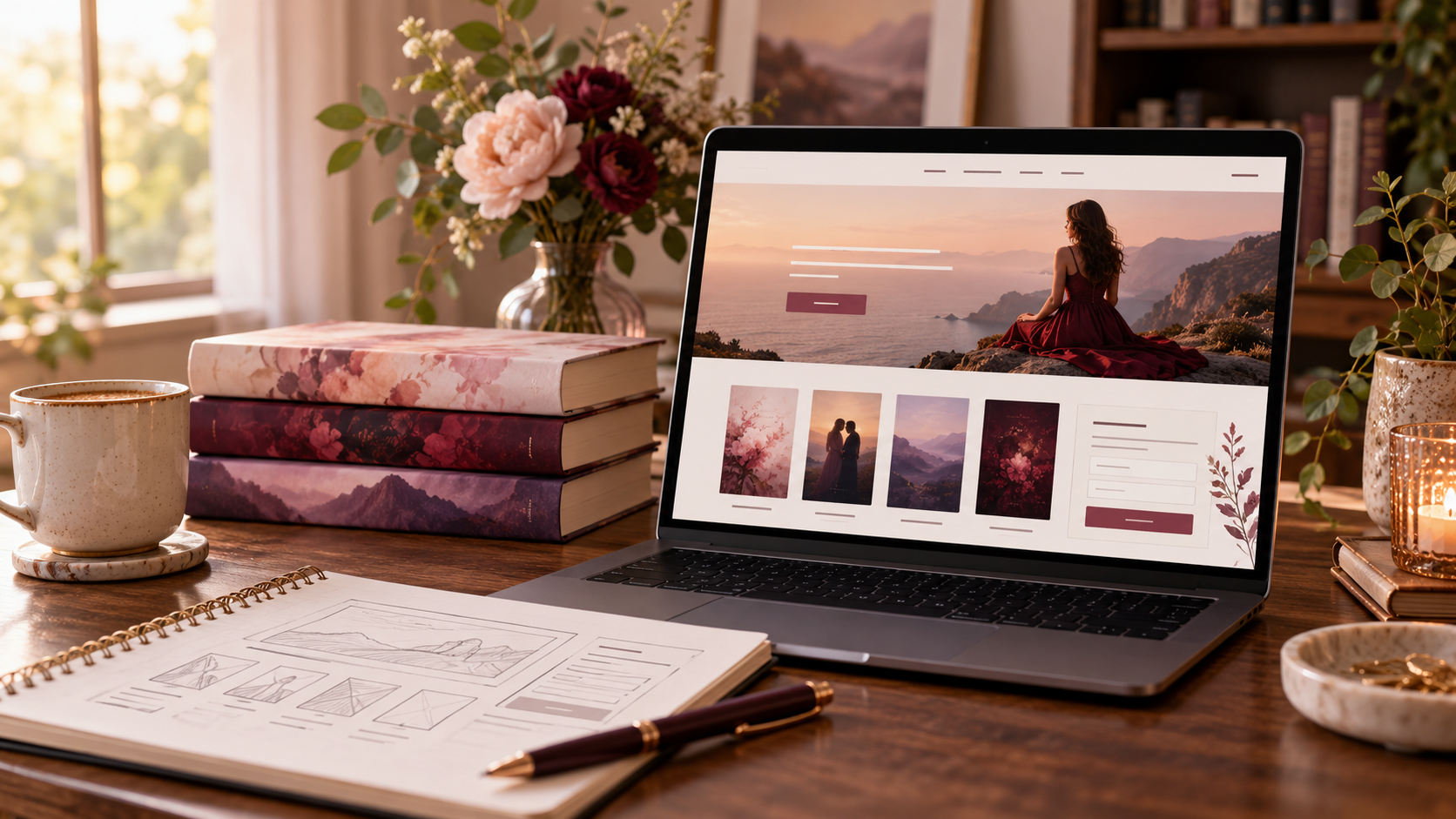 Katherine Magpie Design — A laptop displaying a photography portfolio website sits on a wooden desk next to a coffee mug, a stack of books, and a sketchbook with a pen. — Web design tips for romance authors